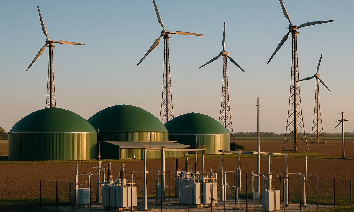 Ältere Windenergieanlagen und eine Biogasanlage neben einem Umspannwerk auf dem Land
