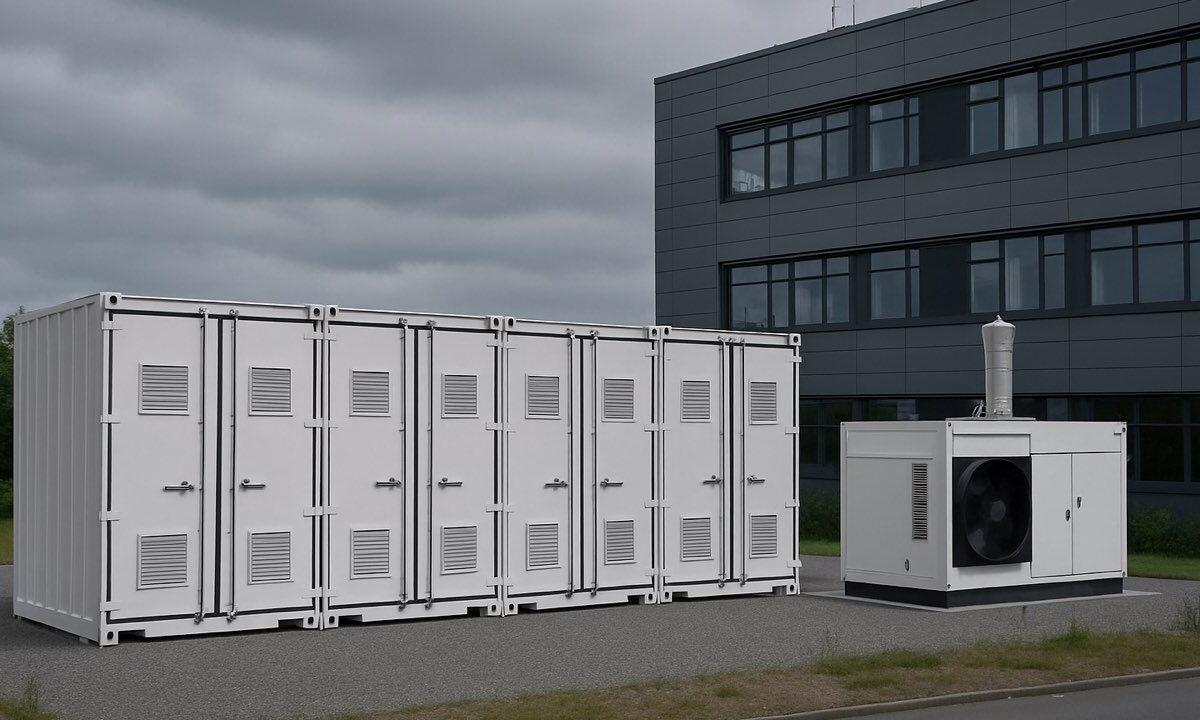 Batteriespeicher-Container und ein kleines Blockheizkraftwerk auf einem Forschungsgelände