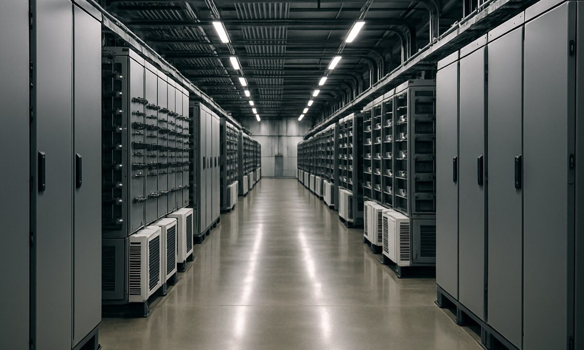 Reihen von Batterieschränken in einem Großbatteriespeicher für das Stromnetz
