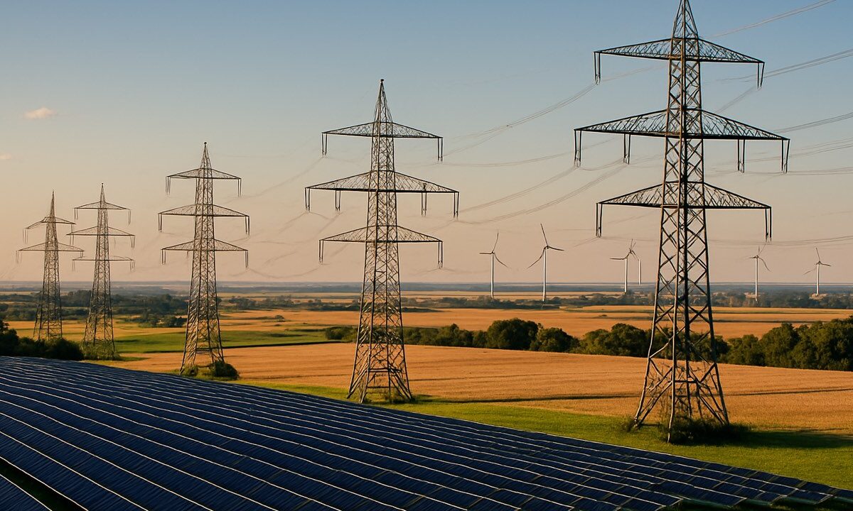 Hochspannungsmasten in einer Landschaft mit Windrädern am Horizont und einem Solarpark im Vordergrund